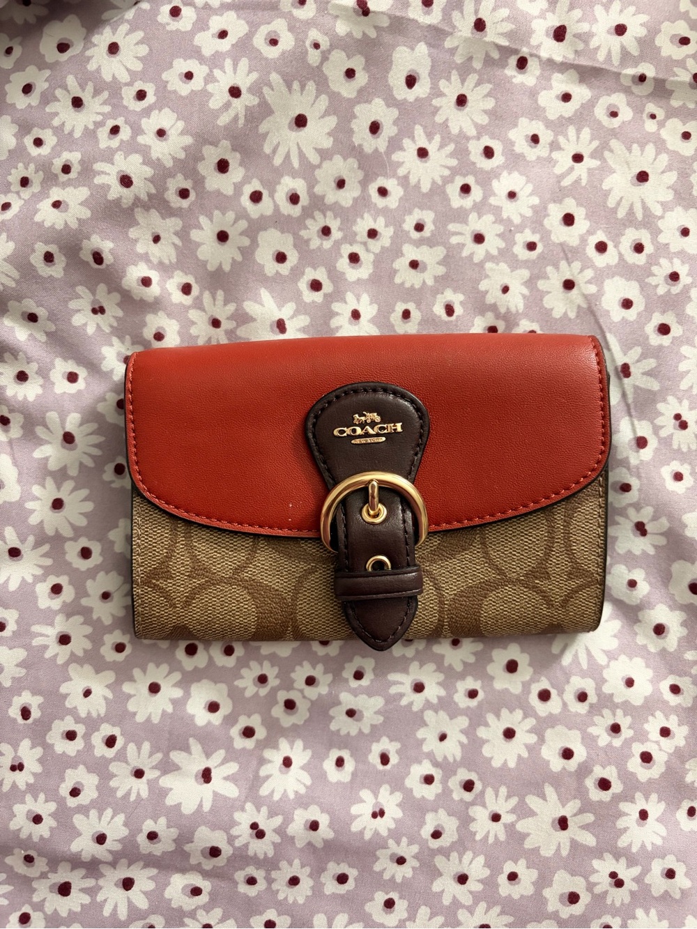 Coach Bifold Wallet with Red Leather Flap and Brown Strap
